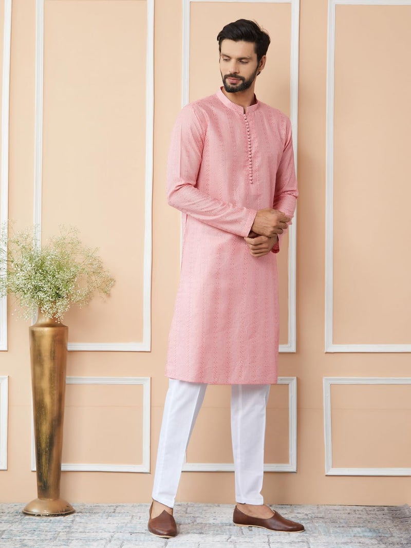 See Designs Men's Long Sleeve Mandarin Collar Side Slit Pink Embroidered Thread Work Sequinned Chanderi Silk Straight Kurta - SDKT2511XL - Image 2
