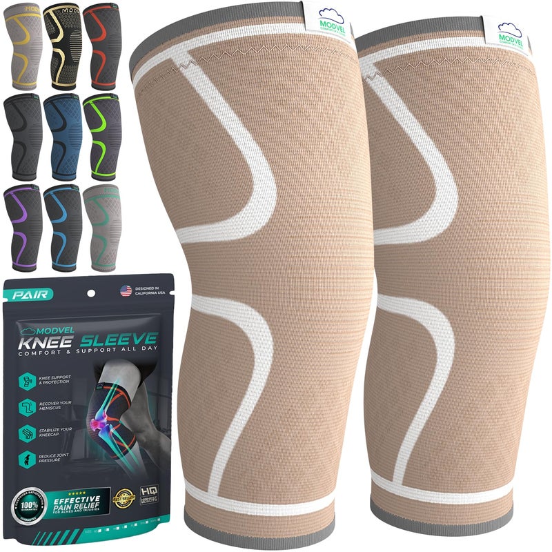 Modvel Compression Knee Brace for Women & Men, 2 Pack Knee Support Sleeves for Running, Meniscus Tear, ACL, Arthritis Pain Relief, Workout â€“ XXL, Skin - Image 1
