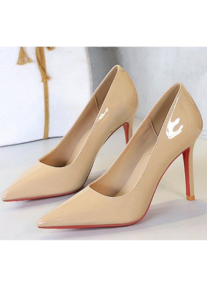 BIGTREE Women's Elegant Party Stiletto Pumps Pointed Closed Toe High Heels Khaki 10CM - Image 1