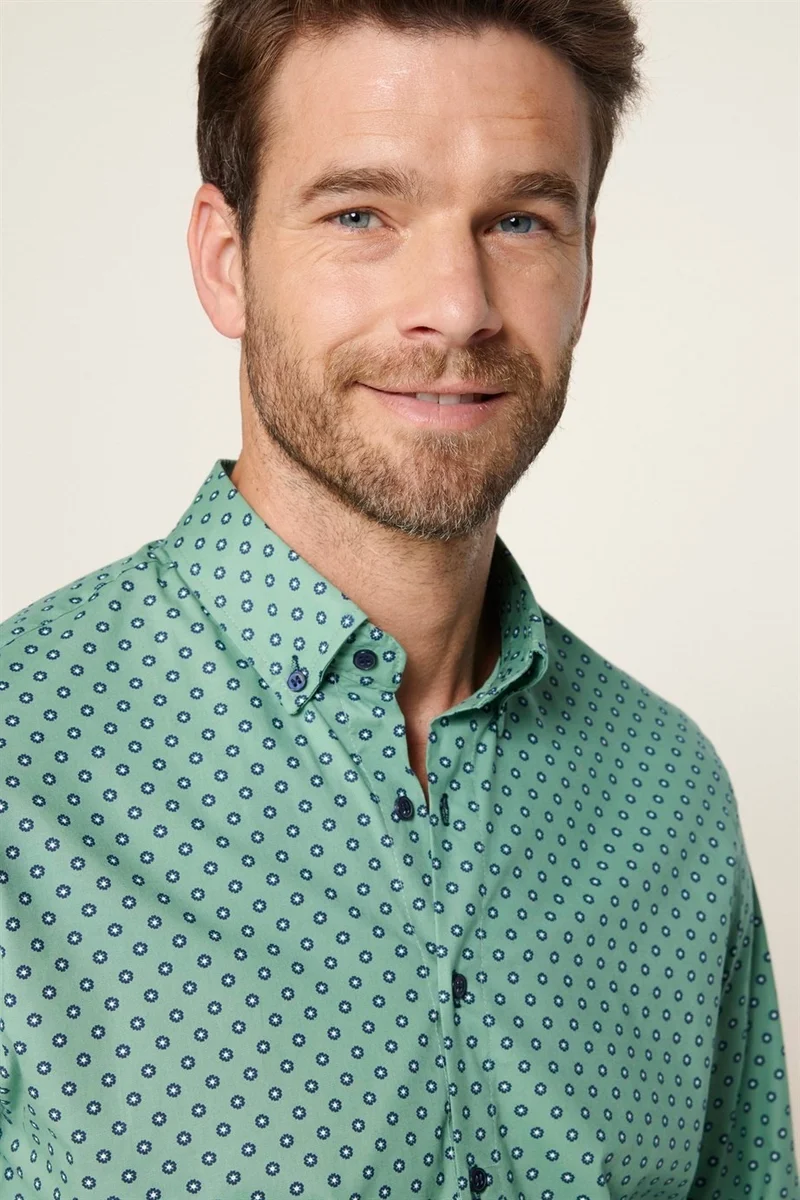 Tudors Classic Fit Lycra Printed Cotton Men's Green Shirt