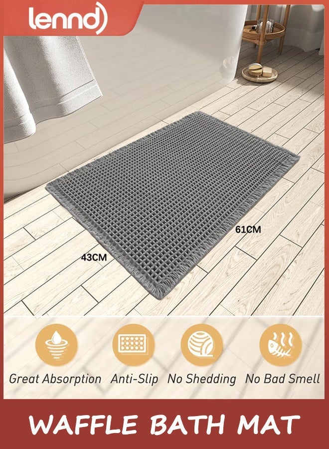 لينند سجادة حمام وافل مطورة، سجادات حمام فائقة الامتصاص ومضادة للانزلاق لأرضية الحمام، سجاد حمام قابل للغسل في الغسالة مع شرابات، سجادات حمام خلفية مطاطية، فائقة النعومة، رمادي غامق - Image 2