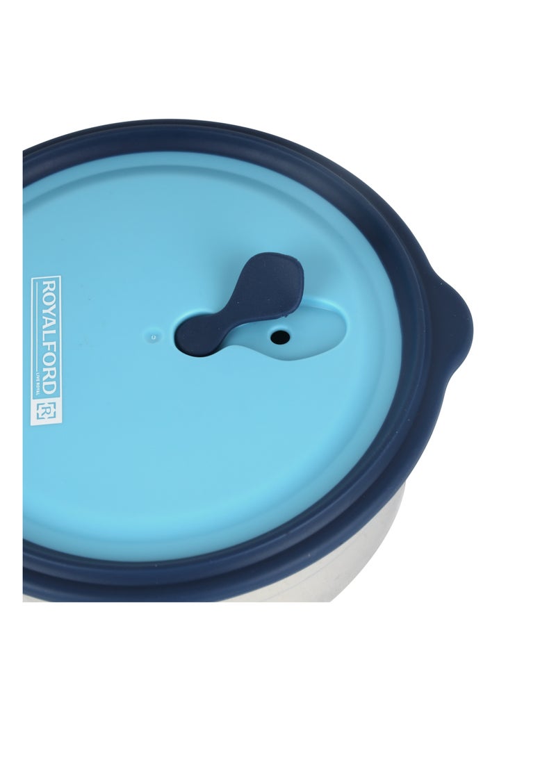 Royalford 1000 ml Stainless Steel Lunch Box- RF12627/ Round Tiffin with Polymer Lid, with Steam Release Vent/ Food-Grade, BPA-Free, Airtight and Leakproof Containers for Kids and Adults, to Keep Foods Fresh/ Compact and Portable Design Multicolor Multicolor - Image 3