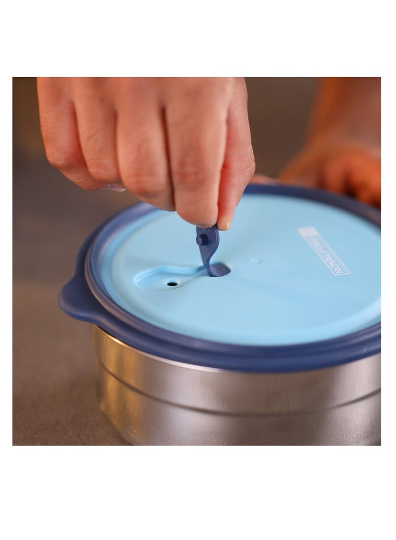 Royalford 1000 ml Stainless Steel Lunch Box- RF12627/ Round Tiffin with Polymer Lid, with Steam Release Vent/ Food-Grade, BPA-Free, Airtight and Leakproof Containers for Kids and Adults, to Keep Foods Fresh/ Compact and Portable Design Multicolor Multicolor - Image 5