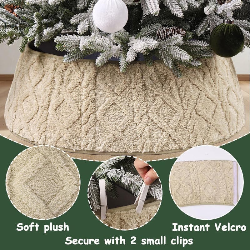 Teeanzo 28 Inch Christmas Tree Collar Khaki Plush Faux Fur with Crossed Diamond Pattern, Soft Boho Xmas Tree Ring Tree Skirt for Christmas Artificial Trees Holiday Party Home Decor - Image 3