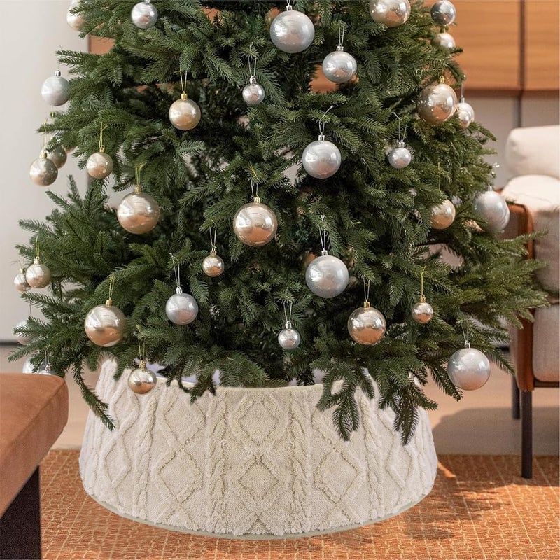Teeanzo 28 Inch Christmas Tree Collar Khaki Plush Faux Fur with Crossed Diamond Pattern, Soft Boho Xmas Tree Ring Tree Skirt for Christmas Artificial Trees Holiday Party Home Decor - Image 5