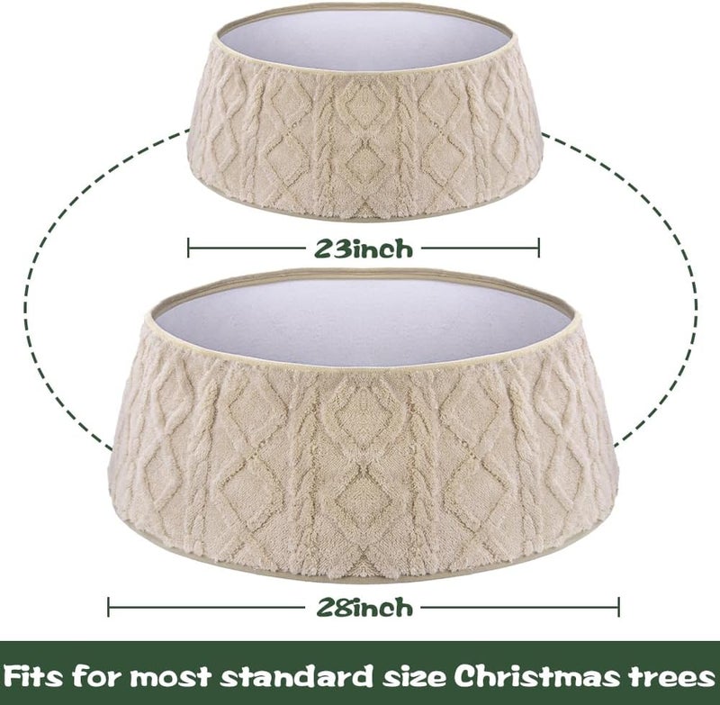 Teeanzo 28 Inch Christmas Tree Collar Khaki Plush Faux Fur with Crossed Diamond Pattern, Soft Boho Xmas Tree Ring Tree Skirt for Christmas Artificial Trees Holiday Party Home Decor - Image 2