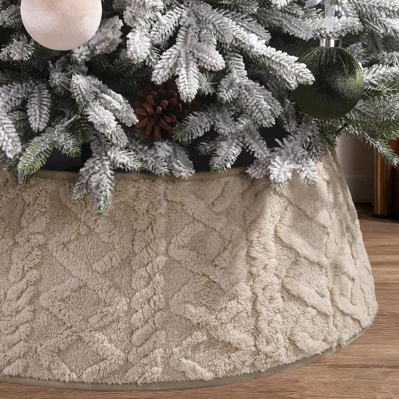 Teeanzo 28 Inch Christmas Tree Collar Khaki Plush Faux Fur with Crossed Diamond Pattern, Soft Boho Xmas Tree Ring Tree Skirt for Christmas Artificial Trees Holiday Party Home Decor - Image 1
