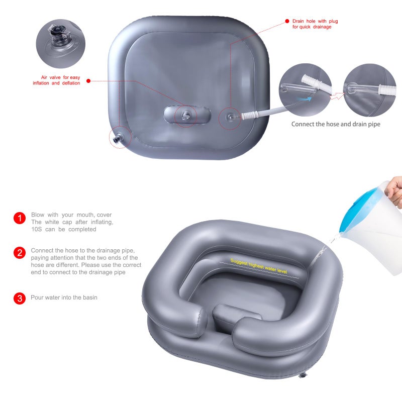 teentan Inflatable Shampoo Basin for Bedridden and Disabled,Portable Shampoo Bowl for Injured, Hair Washing Basin for Childred,Pregnant Woman,Easy Hair Washing at Home (Silvery) - Image 2