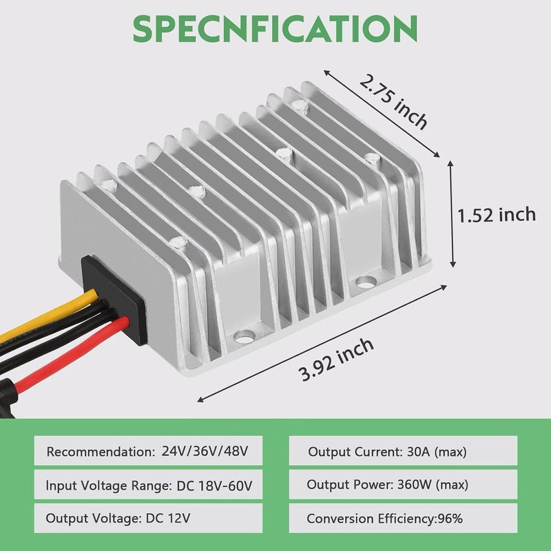 محول تخفيض الجهد من نوع DC بقدرة 30A وقوة 360W، يعمل على جهود 18V و20V و24V و36V و48V إلى 12V، مزود بمقاوم للماء ومناسب لعربات الجولف. - Image 2