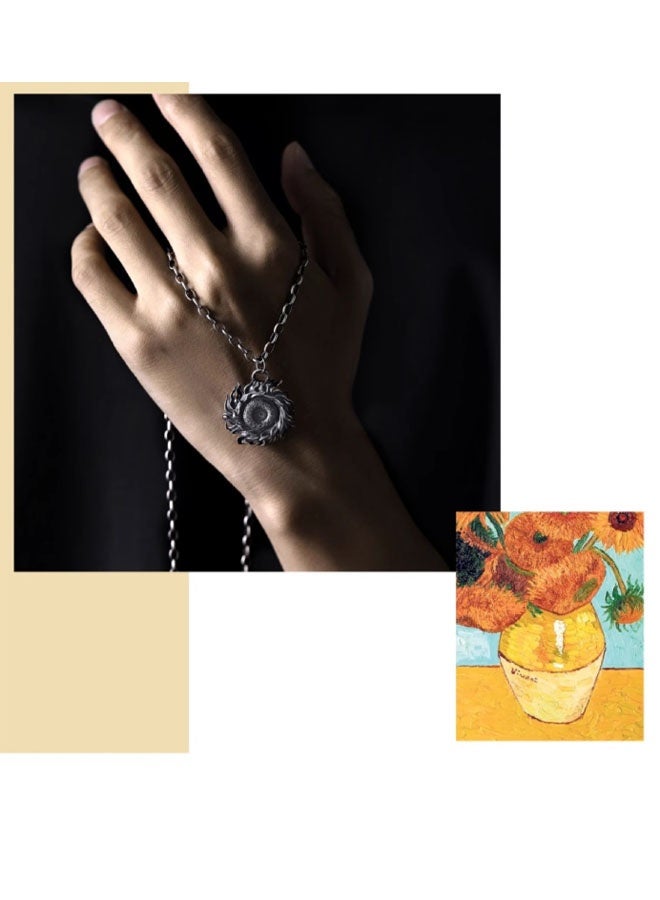 Neutral Sunflower--Inspired by Mr. Van Gogh's ‘Sunflower’ Couple Jewellery Pendant Personalized Hundred Tide Models Hip Hop Street Retro Europe and the United States Tide Men and Women Car Keychain Accessories Personalized Couple Pendant (Vintage Silver) - Image 4