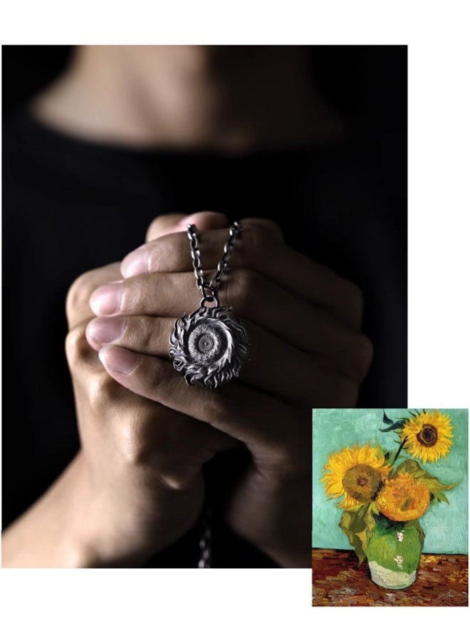 Neutral Sunflower--Inspired by Mr. Van Gogh's ‘Sunflower’ Couple Jewellery Pendant Personalized Hundred Tide Models Hip Hop Street Retro Europe and the United States Tide Men and Women Car Keychain Accessories Personalized Couple Pendant (Vintage Silver) - Image 3