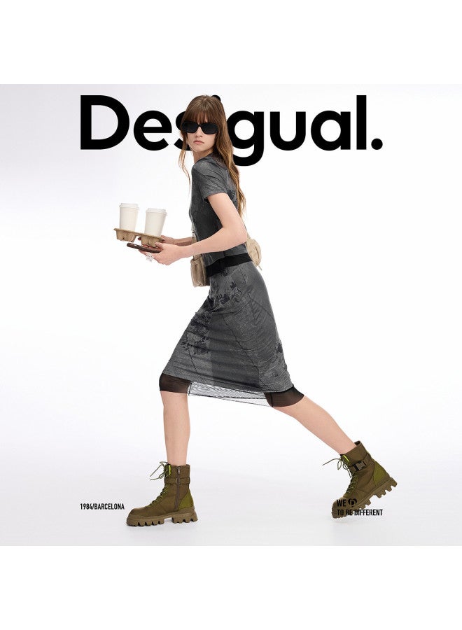 DESIGUAL تنورة مزدوجة الطبقات بتصميم دنيم وردي ss25 جديدة - Image 2