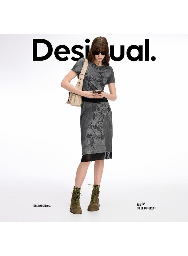 DESIGUAL تنورة مزدوجة الطبقات بتصميم دنيم وردي ss25 جديدة - Image 4