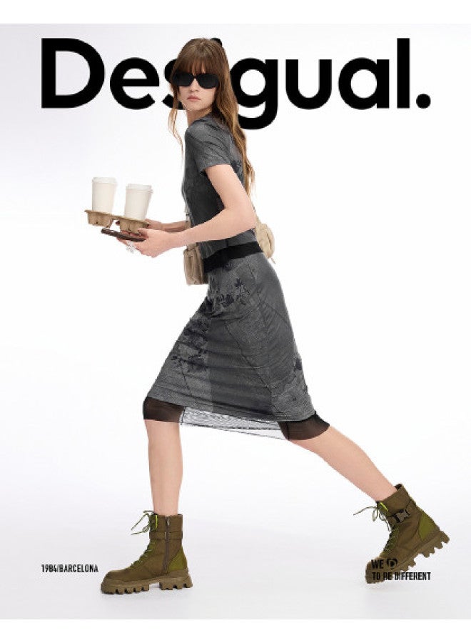 DESIGUAL تنورة مزدوجة الطبقات بتصميم دنيم وردي ss25 جديدة - Image 1