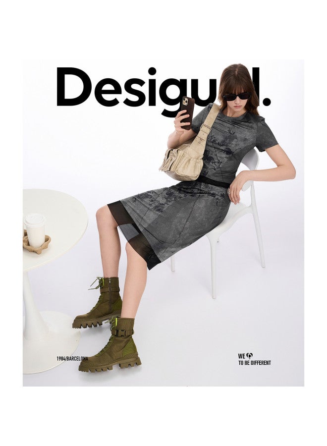 DESIGUAL تنورة مزدوجة الطبقات بتصميم دنيم وردي ss25 جديدة - Image 3