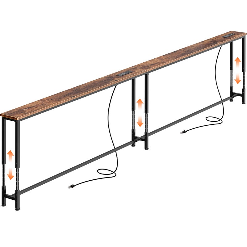 Huuger 110.2 Inch Sofa Table with Power Outlets, 23.9â€™â€™-34.4â€™â€™ Height Adjustable Range, Behind Couch Table with USB-C Ports, Sofa Tables Narrow Long, Skinny Console Table, Small Spaces, Rustic Brown - Image 1