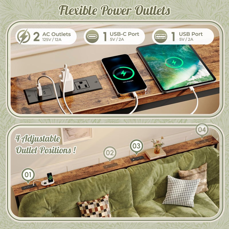 Huuger 110.2 Inch Sofa Table with Power Outlets, 23.9â€™â€™-34.4â€™â€™ Height Adjustable Range, Behind Couch Table with USB-C Ports, Sofa Tables Narrow Long, Skinny Console Table, Small Spaces, Rustic Brown - Image 5
