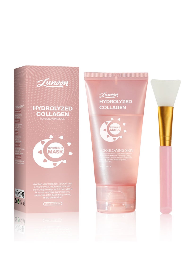 Collagen Night Wrapping Mask, Overnight Peel Off Hydrolyzed Collagen Facial Mask for Elasticity & Hydration, Tight Skin, Reduce Sagging & Dullness, 75ML(Brush Included)