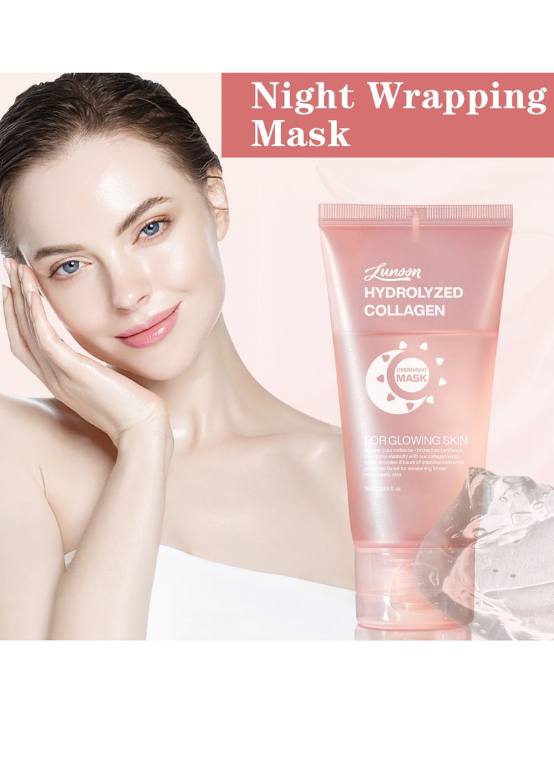 Collagen Night Wrapping Mask, Overnight Peel Off Hydrolyzed Collagen Facial Mask for Elasticity & Hydration, Tight Skin, Reduce Sagging & Dullness, 75ML(Brush Included)