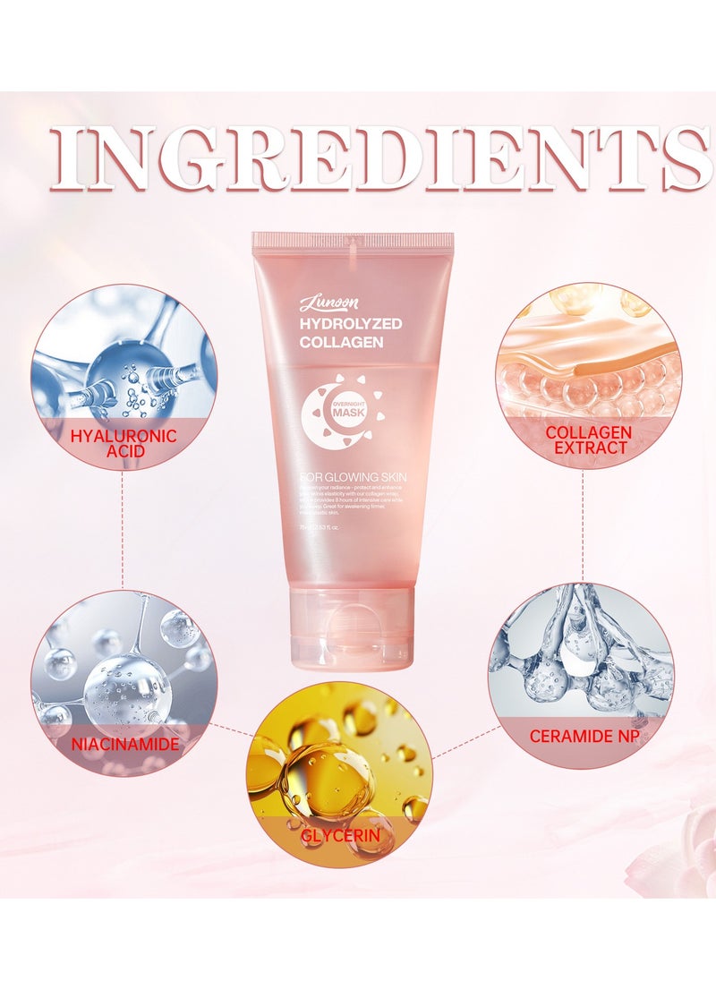 Collagen Night Wrapping Mask, Overnight Peel Off Hydrolyzed Collagen Facial Mask for Elasticity & Hydration, Tight Skin, Reduce Sagging & Dullness, 75ML(Brush Included)