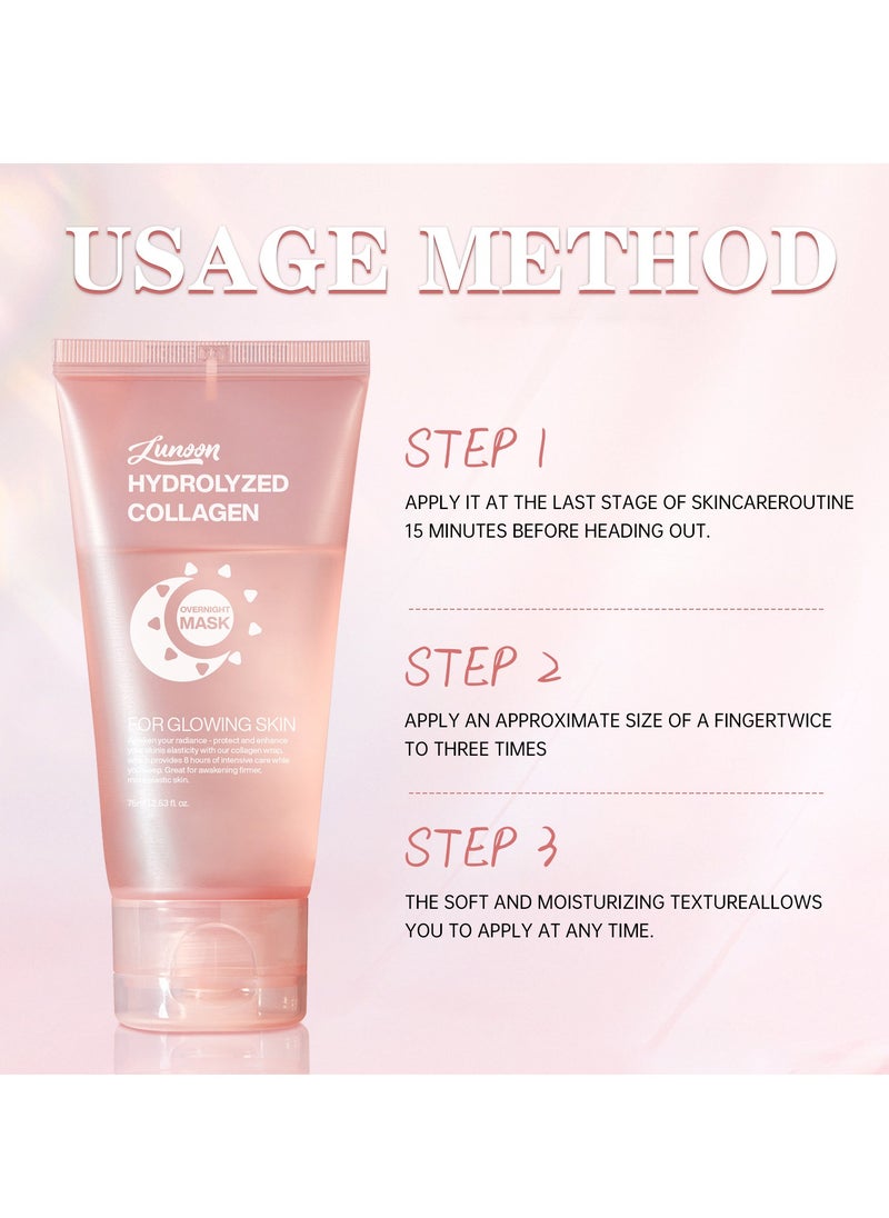 Collagen Night Wrapping Mask, Overnight Peel Off Hydrolyzed Collagen Facial Mask for Elasticity & Hydration, Tight Skin, Reduce Sagging & Dullness, 75ML(Brush Included)