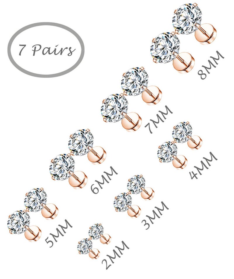 Tornito 7 Pairs 20G Stainless Steel Stud Earrings Round Cubic Zirconia Earring Set for Men Women 2MM-8MM (C:7 Pairs, Rose Gold Tone,Flat Back) - Image 3