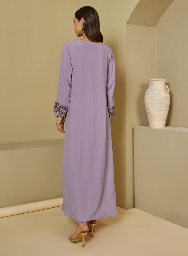 Styli Embroidered Trim Textured Jalabiya - Image 4