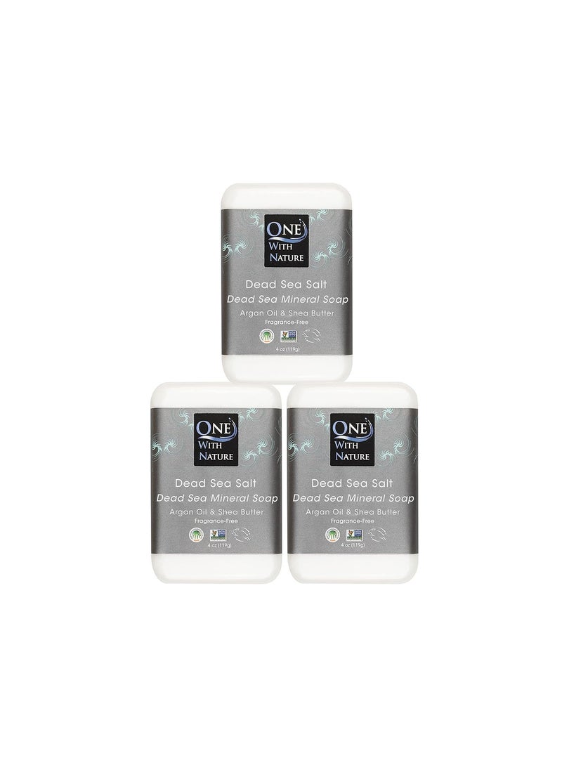 ONE WITH NATURE Dead Sea Mineral Salt Soap 4oz 3Pk with Argan Oil  Shea Butter Dead Sea Salt Contains Magnesium Sulfur  21 Essential Minerals Helps skin conditions 100 Natural Fragrance Free 