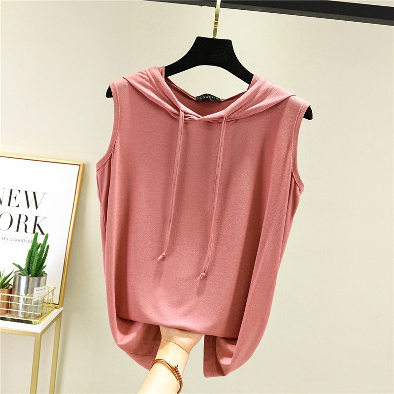 Modal Hooded T-shirt Womens Summer Thin Loose Large Size Sleeveless Base Shirt Casual Home Vest Sunscreen Top Lotus root starch 