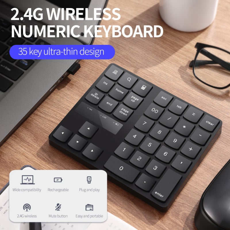 2.4G Wireless Numeric Keyboard Portable 35 Keys Financial Accounting Office Keyboard Built-in Rechargeable Battery Black - Image 4