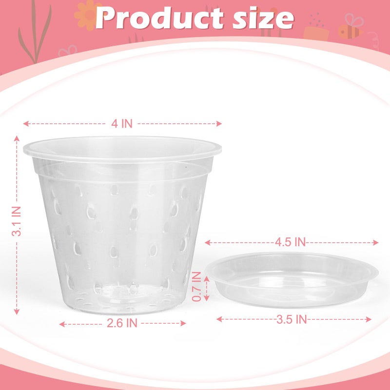 FUIJOL Orchid Pot, 6 Pack 3 4 5 6 7 Inch Clear Orchid Pots with Holes and Saucers for Repotting, Breathable Slotted Plastic Orchid Planters with Drainage for Root Health Indoor Outdoor (4 Inch) - Image 2