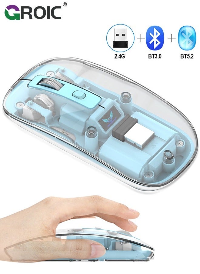 GROIC Blue Wireless Mouse, Bluetooth & USB 2.4GHz Mini Lightweight Rechargeable Computer Mice, Ergonomic Design, Ambidextrous, Adjustable DPI, Transparent, Soundless  - Image 1
