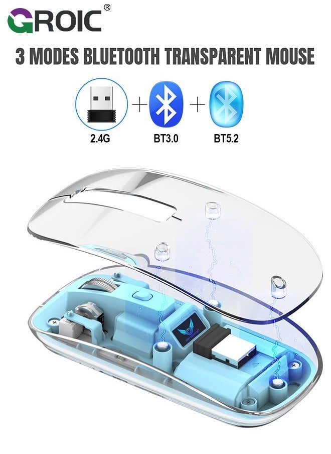 GROIC Blue Wireless Mouse, Bluetooth & USB 2.4GHz Mini Lightweight Rechargeable Computer Mice, Ergonomic Design, Ambidextrous, Adjustable DPI, Transparent, Soundless  - Image 3