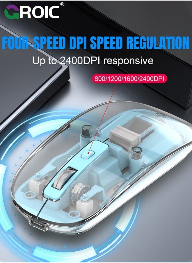 GROIC Blue Wireless Mouse, Bluetooth & USB 2.4GHz Mini Lightweight Rechargeable Computer Mice, Ergonomic Design, Ambidextrous, Adjustable DPI, Transparent, Soundless  - Image 5