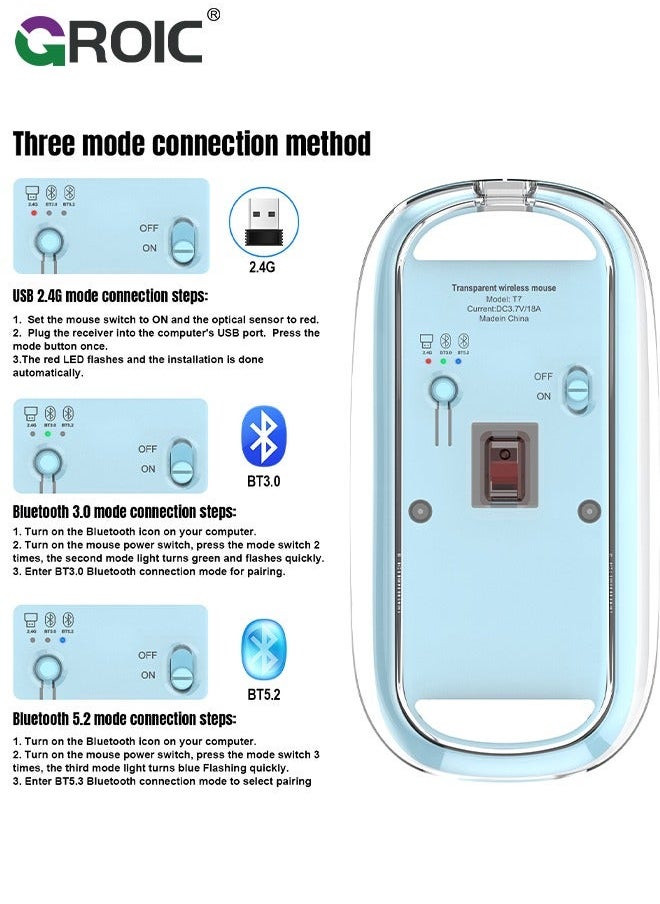 GROIC Blue Wireless Mouse, Bluetooth & USB 2.4GHz Mini Lightweight Rechargeable Computer Mice, Ergonomic Design, Ambidextrous, Adjustable DPI, Transparent, Soundless  - Image 4
