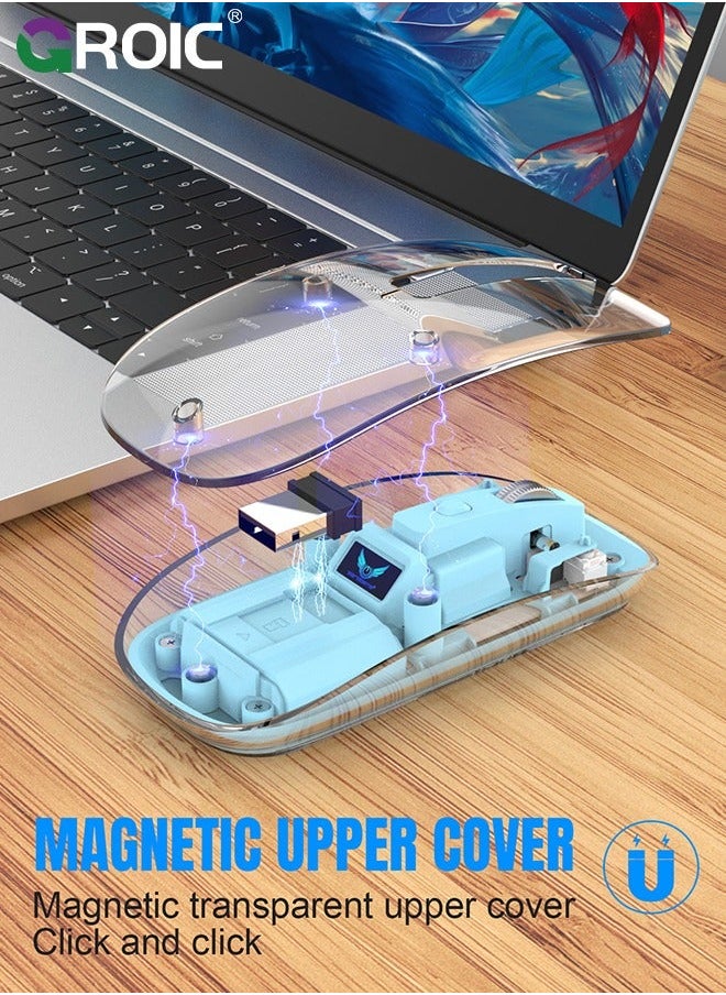 GROIC Blue Wireless Mouse, Bluetooth & USB 2.4GHz Mini Lightweight Rechargeable Computer Mice, Ergonomic Design, Ambidextrous, Adjustable DPI, Transparent, Soundless  - Image 2