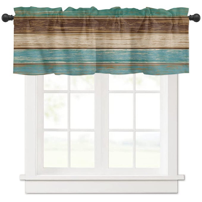TEAL TURQUOISE CURTAIN VALANCE FOR WINDOWSLIVING ROOMKITCHENBATHROOMFARMHOUSE RUSTIC WOOD BOARD GREEN BROWN SHORT ROD POCKET TIER CURTAIN WINDOW TREATMENT 1 PANEL 54X18