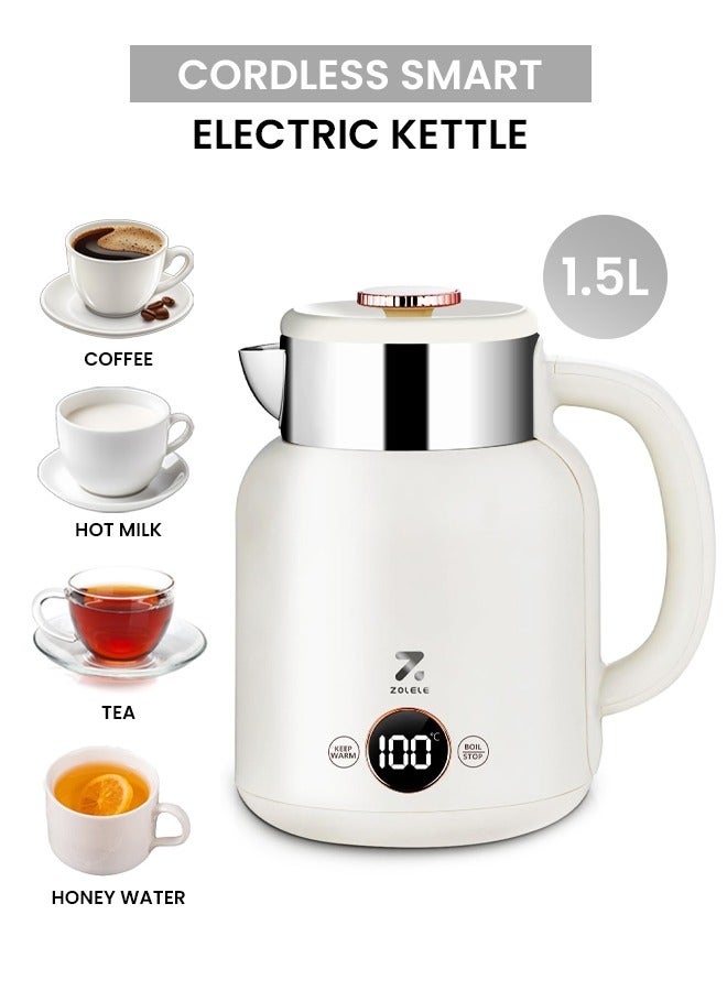 ZOLELE Smart Electric Kettle HK152 Cordless 1.5L Electric Kettle, Fast Boiling 6 Speed Temperatue Settings, Auto Shut-Off, LED Indicator Lights - White