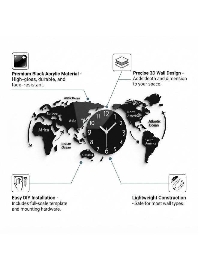 Large Black DIY World Map Wall Clock - Elevate Your Home Decor with This Stylish Timepiece - Image 2