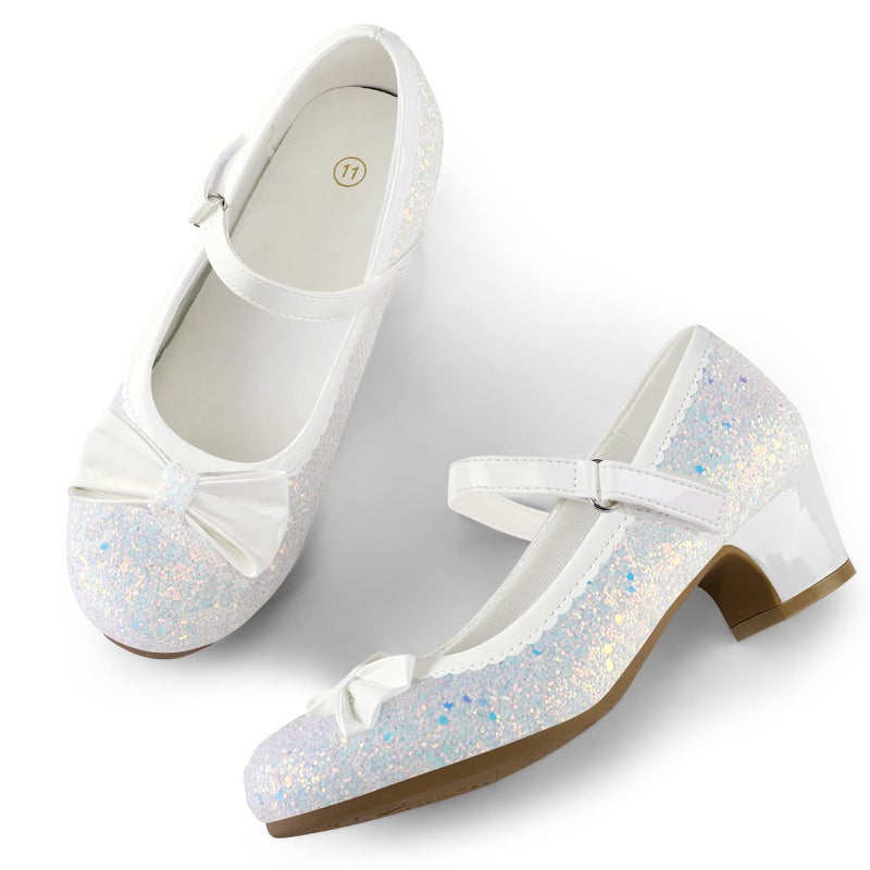 K KomForme Girl's Dress Shoes Mary Jane Glitter 1.5 in Low Heel Wedding Party Princess Shoes for Toddler/Little/Big Kids White - Image 3