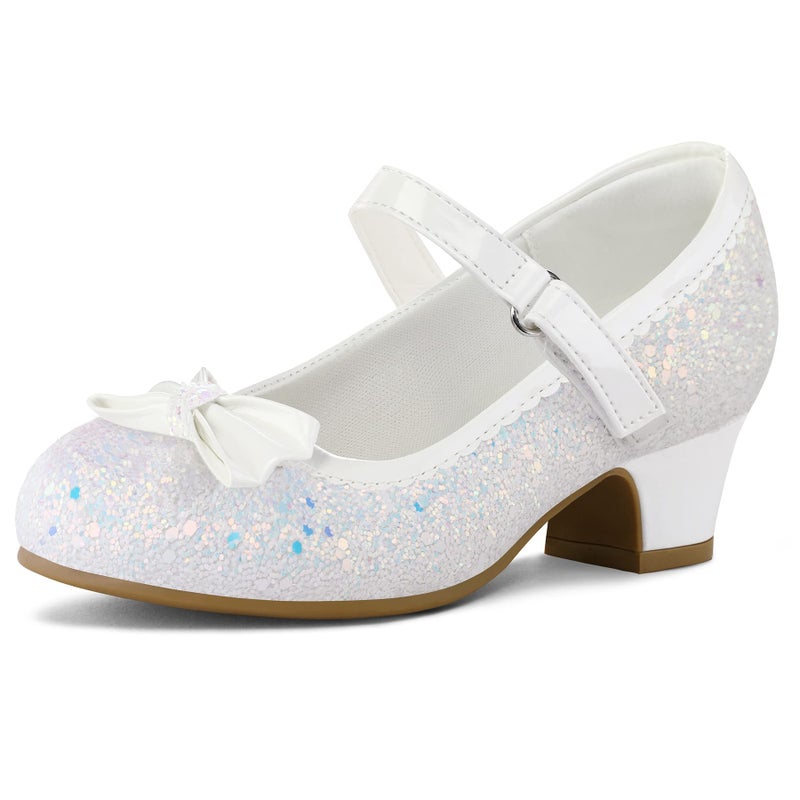 K KomForme Girl's Dress Shoes Mary Jane Glitter 1.5 in Low Heel Wedding Party Princess Shoes for Toddler/Little/Big Kids White - Image 1