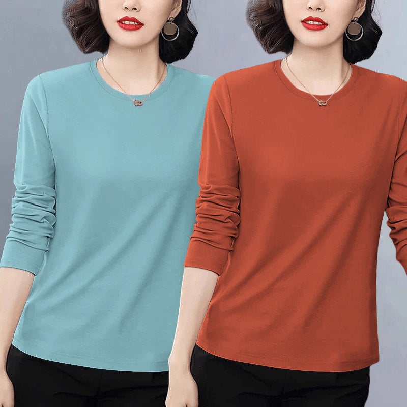 Pure cotton casual popular long-sleeved t-shirt for women's autumn 2025 new loose plus-size versatile age-reducing top with front shoulder - Image 2