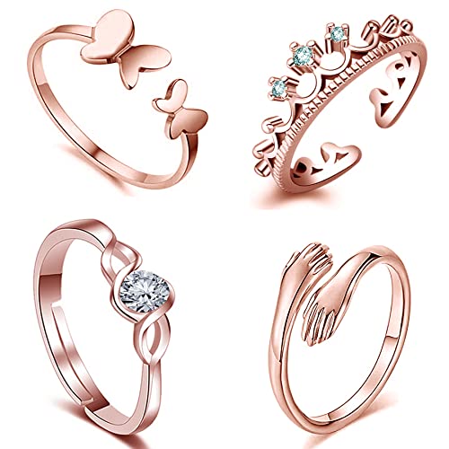 Okos Rose Gold Plated CZ Jewellery Combo of 4 Designer Finger Rings Adorned With White CZ Stones for Girls and Women CO1000427 - Image 1