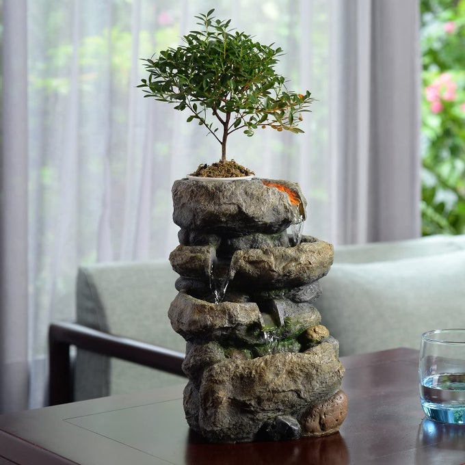 INDOOR FOUNTAIN EXQUISITE ROCKERY FOUNTAINS SOOTHING SOUND TABLETOP FOUNTAINS HOMEOFFICE DECOR WITH A SMALL PLASTIC POT TO GROW THE PLANT BY YOURSELFAUTOMATIC WATERING22020