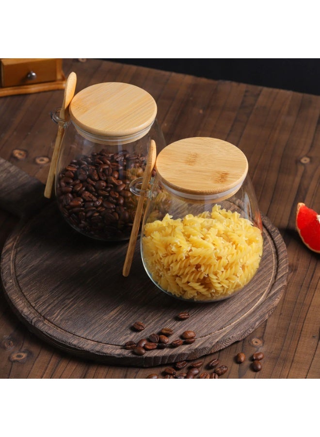 zoba Glass jar with a tightly sealed bamboo lid and an attached spoon, a 350ml spice container for salt, sugar, spices and others (2 pieces) - Image 2