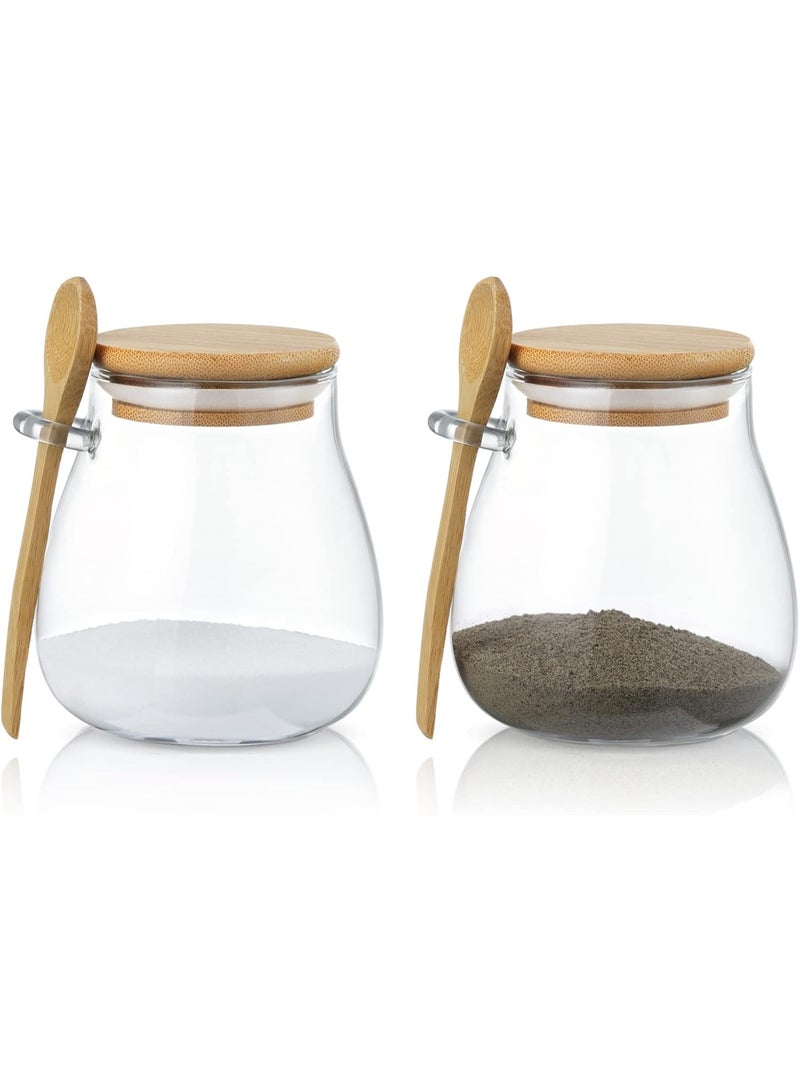 zoba Glass jar with a tightly sealed bamboo lid and an attached spoon, a 350ml spice container for salt, sugar, spices and others (2 pieces) - Image 1