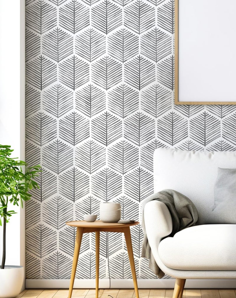 MelunMer Grey Modern Peel and Stick Wallpaper Boho Removable Self Adhesive 78.8''L 17.3''W Wallpaper for Bedroom/Bathroom Waterproof Contact Paper for Cabinets/Drawer Geometric Contact Paper Gray/Dark - Image 1