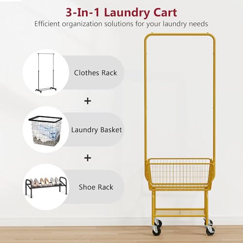Tajsoon Laundry Cart with Wheels, Metal Rolling Laundry Hamper with Hanging Rack, Storage Basket and Shelf, Gold - Image 3