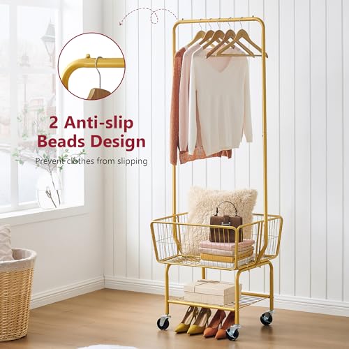 Tajsoon Laundry Cart with Wheels, Metal Rolling Laundry Hamper with Hanging Rack, Storage Basket and Shelf, Gold - Image 5