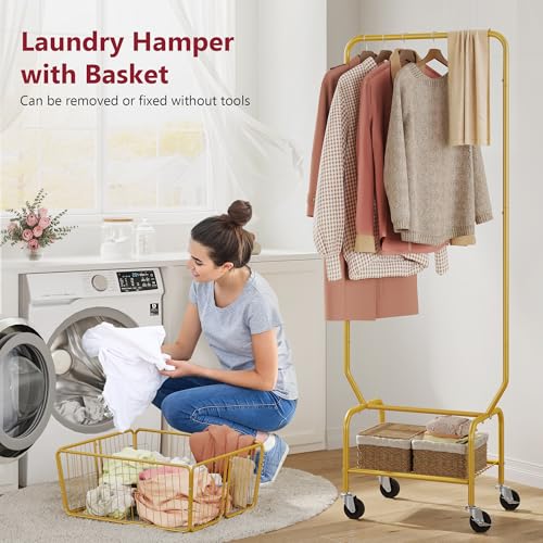 Tajsoon Laundry Cart with Wheels, Metal Rolling Laundry Hamper with Hanging Rack, Storage Basket and Shelf, Gold - Image 2